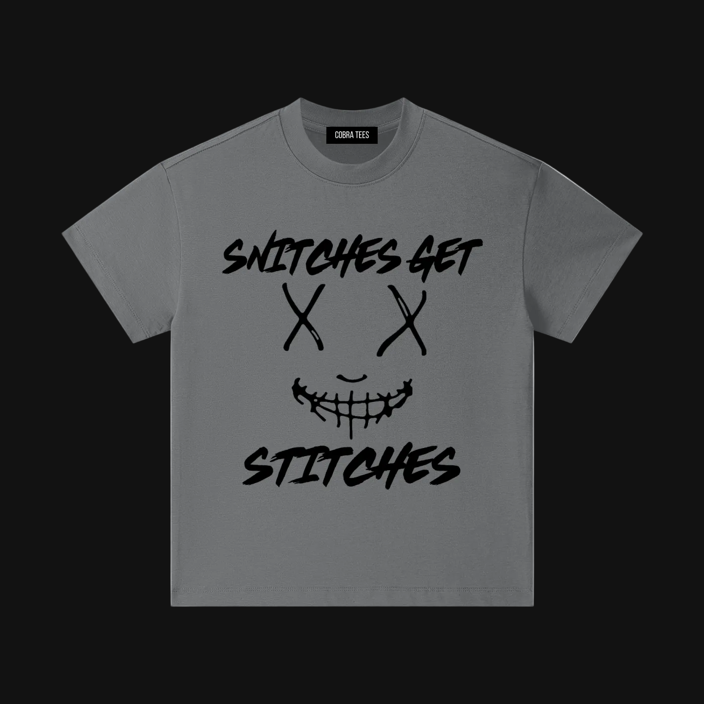 Snitches Get Stitches Kids Tee | Sketchy Stitched Smile Graphic