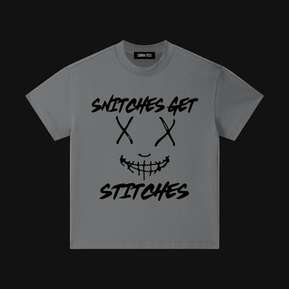 Snitches Get Stitches Kids Tee | Sketchy Stitched Smile Graphic
