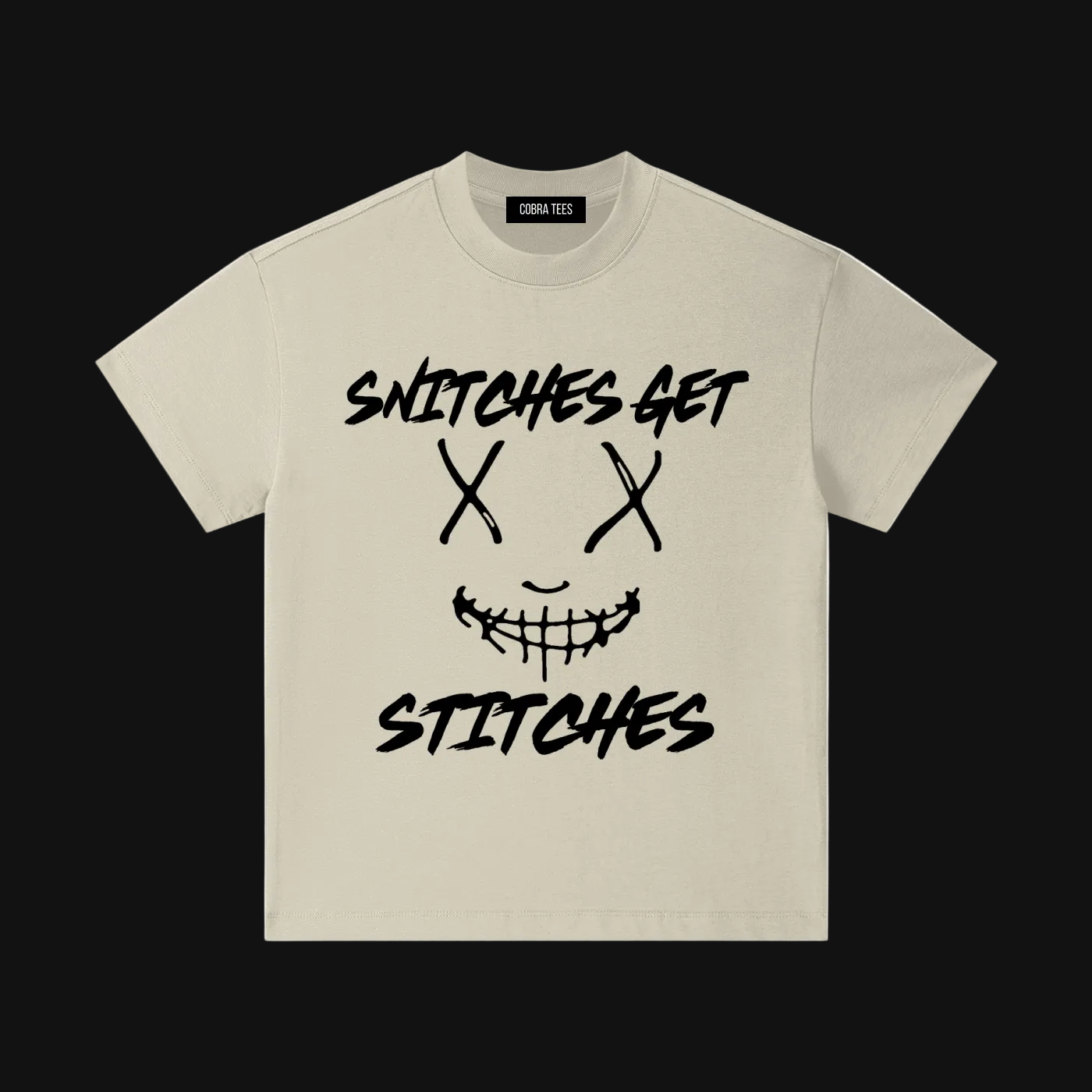 Snitches Get Stitches Kids Tee | Sketchy Stitched Smile Graphic