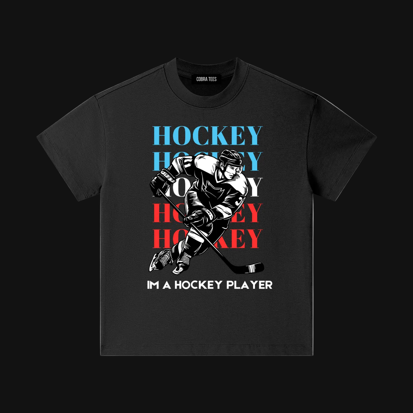 Hockey Player Illustration Kids Tee | Retro Red Blue Hockey Text