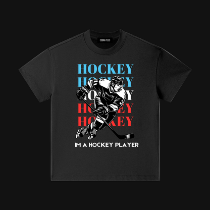 Hockey Player Illustration Kids Tee | Retro Red Blue Hockey Text