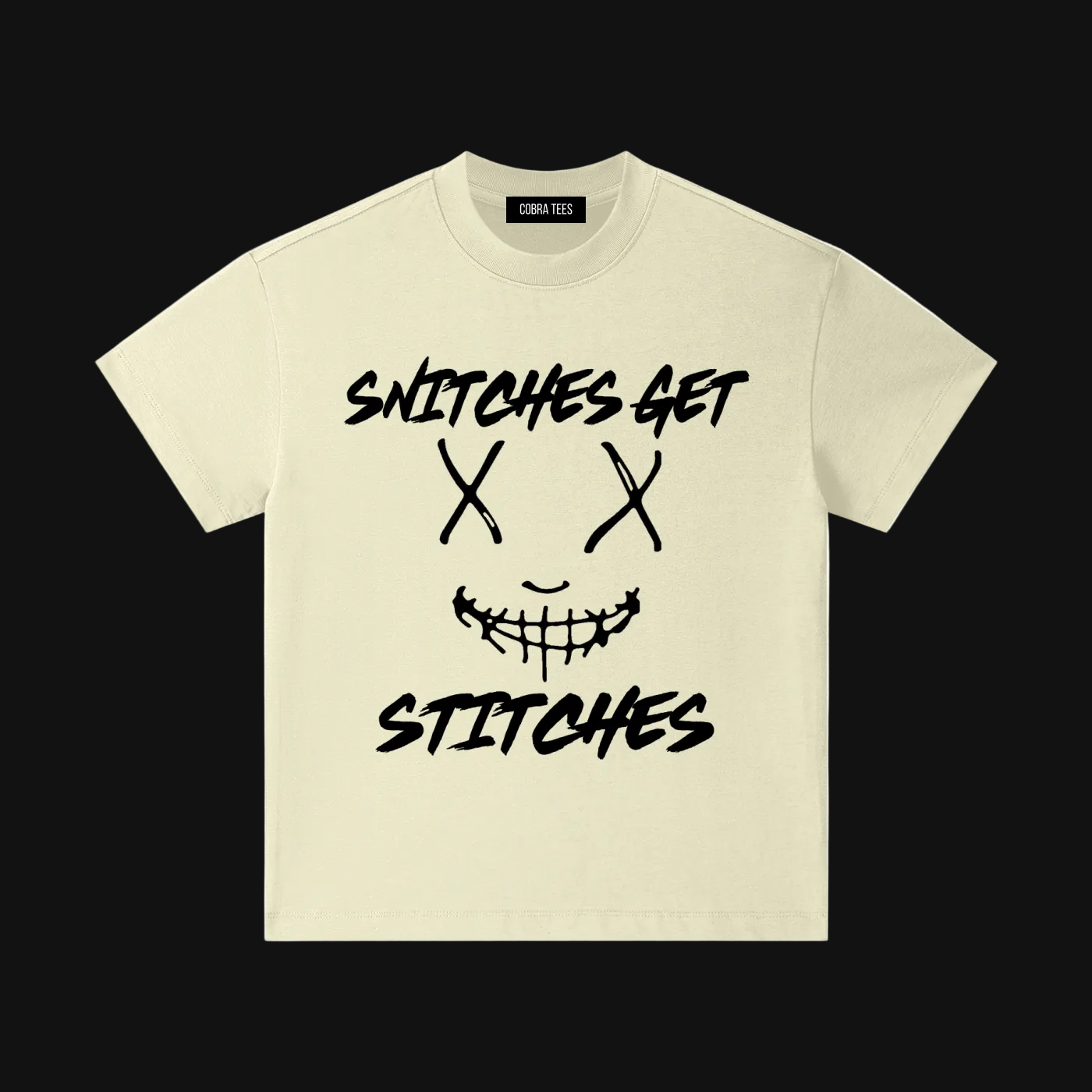 Snitches Get Stitches Kids Tee | Sketchy Stitched Smile Graphic