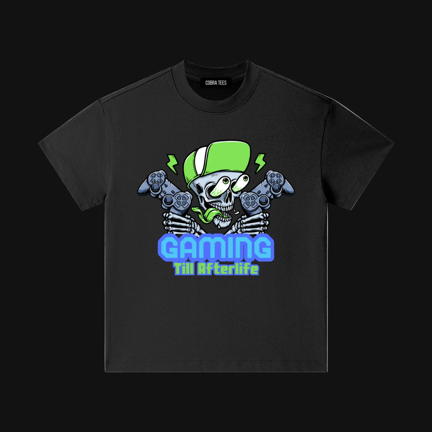 Gaming Skull with Controllers Kids T-Shirt | Neon Green Gamer Graphic